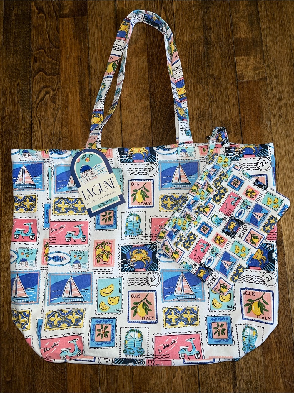 NEW Colorful canvas  Nautical Postage Print Tote and pouch set